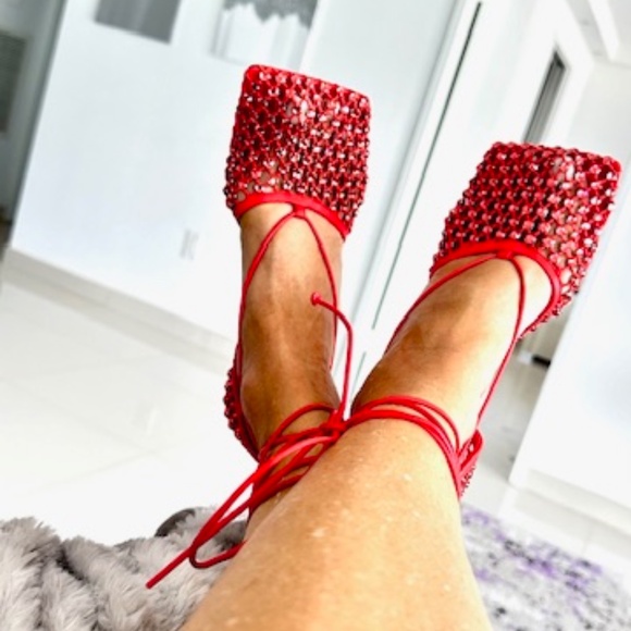 $2000 BOTTEGA VENETA STRETCH WEB CRYSTAL LACE UP SANDALS HEELS SHOES 38.5 - Picture 9 of 11